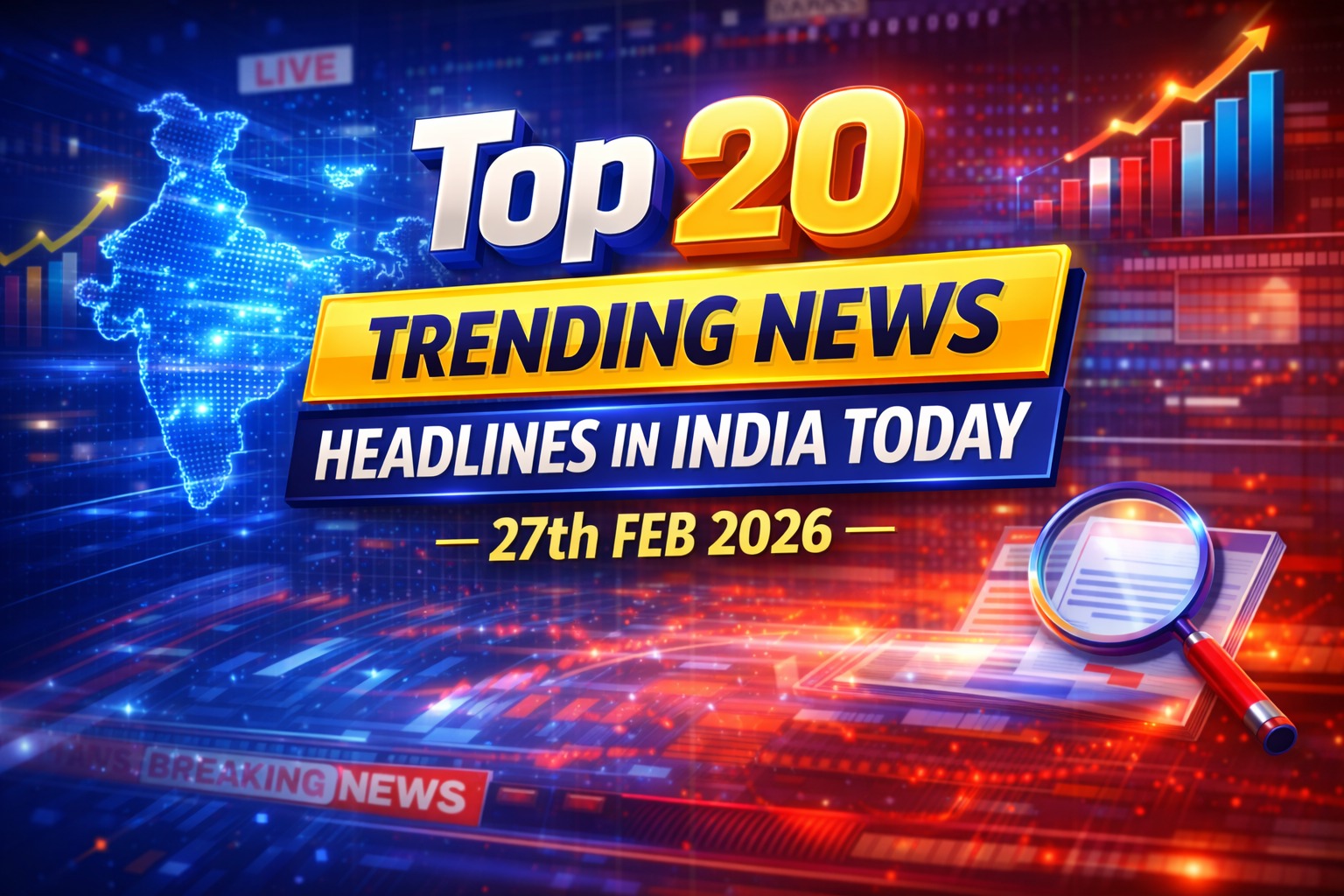 Top 20 trending news headlines in India today covering politics economy markets and weather